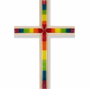 Wandkreuz Fichte mit Glaskreuz Regenbogen 20 x 14 x 2 cm