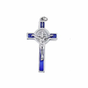 Benediktus Kreuz Metall silberfarben - blau mit Medaille 5 x 3 cm