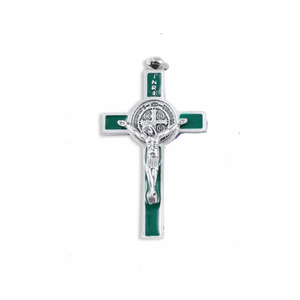 Benediktus Kreuz Metall silberfarben - grün mit Medaille5 x 3 cm