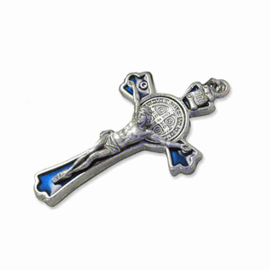 Benediktus Kreuz Anhänger Metall silber - blau 5 x 2,9 cm
