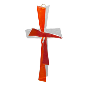 Glaskreuz orange - rot modern Handarbeit  21 x 11 cm Schmuckkreuz Wandkreuz