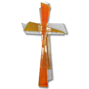 Glaskreuz orange modern Handarbeit  21 x 11 cm