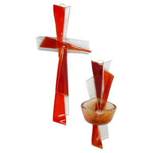 Gebets-Set Glaskreuz - Glas Weihkessel rot Unikate
