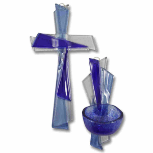 Gebets-Set Glaskreuz - Glas Weihkessel blau Unikate