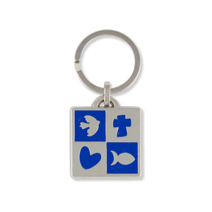 Schlüsselanhänger blau Motiv Taube/Kreuz/Herz/Fisch 6,8 cm