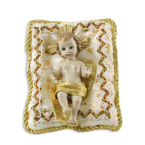 Krippenfigur Jesuskind auf Kissen creme/gold Kunstguss 10 x 7 cm