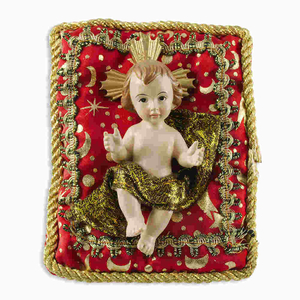 Krippenfigur Jesuskind auf Kissen rot/gold Kunstguss ca. 12 x 10 cm