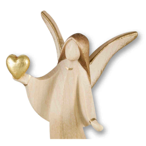 Holzfigur - Engel mit Herz geschnitzt 2 x patiniert stehend 8 cm