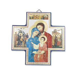 Ikonenkreuz Heilige Familie bedruckt auf Holzplatte 15 x 15 cm