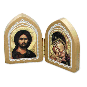 Ikone Diptychon - Mutter Gottes mit Kind & Jesus stehend Holz 5 x 8 cm