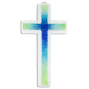 Glaskreuz weiß mit Kreuz blau - türkis - grün modern Handarbeit  20 x 11 cm