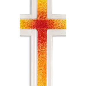 Glaskreuz weiß mit Kreuz rot - orange - gelb modern Handarbeit  20 x 11 cm