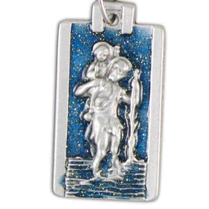 Schlüsselanhänger Christophorus / Lourdes Metall silber - blau eckig 8 cm