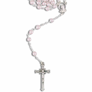Kunststoff Rosenkranz Perle rosa rund mit Rosetten Metallkreuz / Kruzifix 49 cm