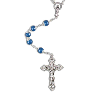 Kunststoff Rosenkranz Perle 8 mm blau mit Rosetten Metallkreuz / Kruzifix 58 cm