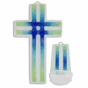 Gebets-Set - Glaskreuz & Glas Weihkessel weiß - Stäbe blau - türkis - grün