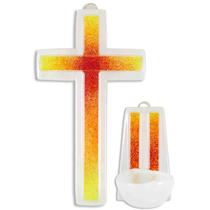 Gebets-Set - Glaskreuz & Glas Weihkessel wei - Auflage rot - orange - gelb