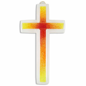 Gebets-Set - Glaskreuz & Glas Weihkessel wei - Auflage rot - orange - gelb