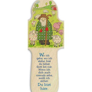 Kinderkreuz Hirte mit Schafe Wo ich gehe ... 16 x 10,5 cm Holz Taufkreuz