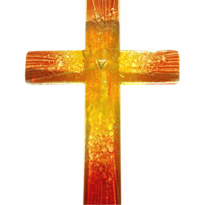 Glaskreuz Wandkreuz orange rot Sonnenaufgang / Blattgold 23 x 14 cm Handarbeit Glaskunst