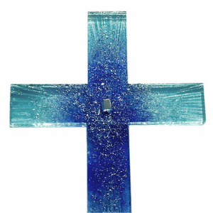 Glaskreuz blau Türkis Sonnenstrahlen Fusingglas Relief Blattgold 23 x 14 cm Unikat