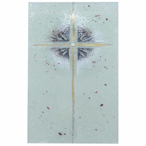 Glaskreuz Fusing Glas Strahlendes Kreuz Echtgold wei violett Relief 20 x 11 cm Wandbild Unikat Handarbeit