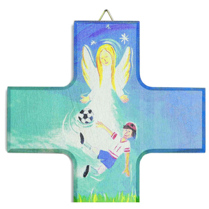 Kinderkreuz Motiv Schutzengel Fußball Junge Buche bunt 15 x 9 cm Taufe Geburt