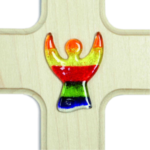 Kinderkreuz Ahorn hell Schutzengel / Engel Glas Regenbogen 16 x 11 cm Taufkreuz Geburt Kommunion