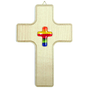 Kinderkreuz Ahorn hell Kreuz in Kreuz Glas Regenbogen 16 x 11 cm Taufkreuz Geburt Kommunion