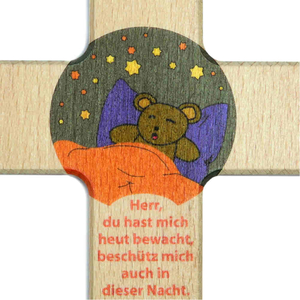 Kinderkreuz Teddy / Gebet Herr du hast mich heute bewacht .. Buche bedruckt 20 cm Taufkreuz