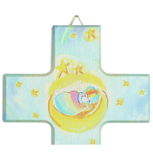 Kinderkreuz Motiv schlafendes Kind Sternenhimmel Buche bunt 20 x12 cm Taufe Geburt