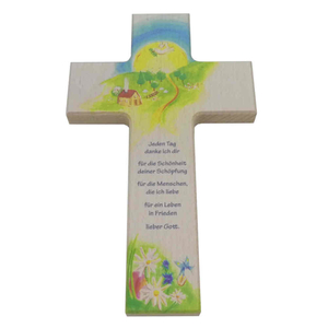 Kinderkreuz Gottes Schöpfung Motiv Haus Sonne Friedenstaube bunt bedruckt 20 cm Holzkreuz
