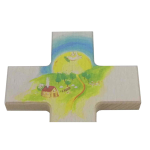 Kinderkreuz Gottes Schöpfung Motiv Haus Sonne Friedenstaube bunt bedruckt 20 cm Holzkreuz