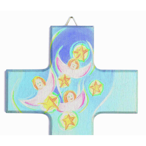Kinderkreuz Motiv Sternenengel Abendgebet  Buche bunt bedruckt 20 x12 cm Taufe Geburt