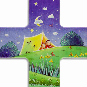 Kinderkreuz Fühl dich geborgen - Kinder im Zelt unterm Sternenhimmel Holz bunt 15 x 9 cm