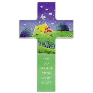Kinderkreuz Fühl dich geborgen - Kinder im Zelt unterm Sternenhimmel Holz bunt 20 x 12 cm Taufkreuz