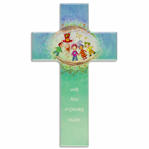 Kinderkreuz Wir sind in Deiner Hand - Kinder geborgen in Gottes Händen Holz bunt 20 x 12 cm