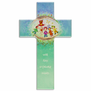 Kinderkreuz Wir sind in Deiner Hand - Kinder geborgen in Gottes Hnden Holz bunt 20 x 12 cm