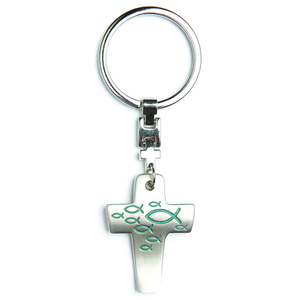 Schlüsselanhänger Kreuz matt gebogen Metall Motiv Fische grün 9,5 cm Geschenkverpackung