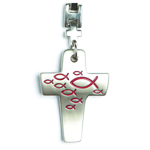 Schlüsselanhänger Kreuz matt gebogen Metall Motiv Fische rot 9,5 cm Geschenkverpackung