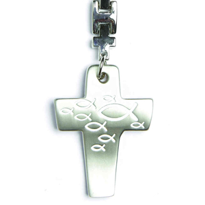 Schlüsselanhänger Kreuz matt gebogen Metall Motiv Fische weiß 9,5 cm Geschenkverpackung