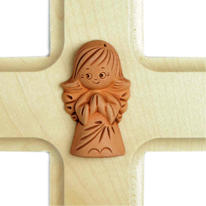 Kinderkreuz Ahorn hell mit Keramikengel Schutzengel 10 x 10 cm Taufkreuz Geburt Kommunion