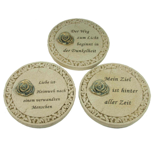 Gedenkplatte rund creme Motiv Rose aufgesetzt mit Text 19,5 cm 3 fach sortiert