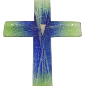 Glaskreuz Wandkreuz grün - blau Strahlen des Himmels / Blattgold 23 x 14 cm Handarbeit Glaskunst