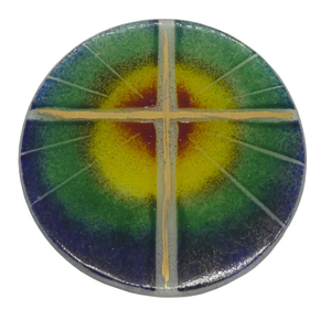 Glaskreuz rund Regenbogen aufgehende Sonne Fusingglas Kreuz Echtgold 13 cm Unikat