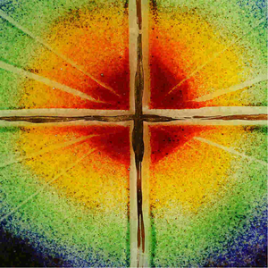Glaskreuz rund Regenbogen aufgehende Sonne Fusingglas Kreuz Echtgold 13 cm Unikat