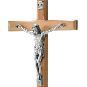 Wandkreuz / Kruzifix Olivenholz natur mit Metallkorpus silberfarben Holzkreuz 16 cm