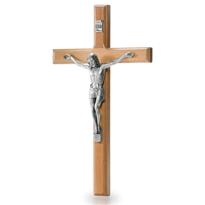 Wandkreuz / Kruzifix Olivenholz natur mit Metallkorpus silberfarben Holzkreuz 25 cm