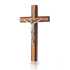 Wandkreuz / Kruzifix Mahagoni - Kreuzauflage Olivenholz modern Metallkorpus silber 20 cm