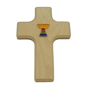 Kinderkreuz Ahorn hell Auflage Glaskelch Regenbogen 16 x 11 cm Taufkreuz Geburt Kommunion